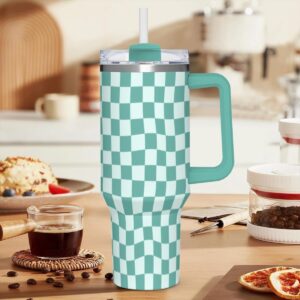 40oz Insulated Stainless Steel Tumbler Cup Mint green Checkered Travel Mug