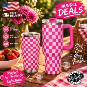 40oz Insulated Stainless Steel Tumbler Cup Pink Checkered Travel Mug